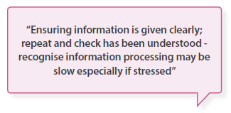 Ensuring information is given clearly; repeat and check has been understood - recognise information processing may be slow especially if stressed